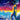 Vibrant fantasy painting of a nude woman standing in a surreal landscape with mountains, a glowing horizon, and a starry sky in bright blue, purple, pink, and yellow tones.
